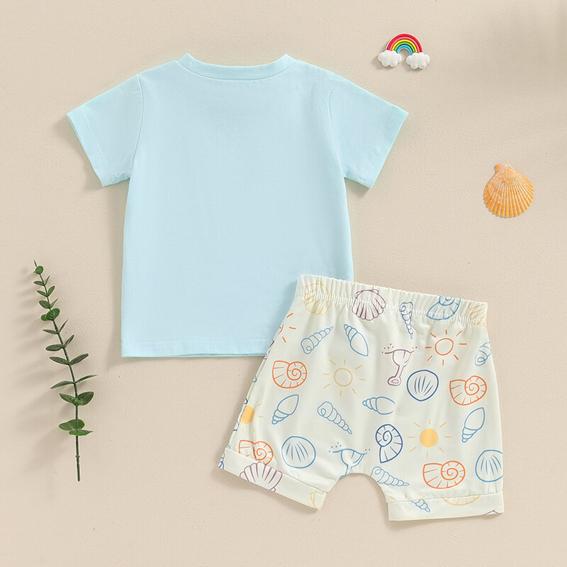 2024-04-03 lioraitiin 3M-3Y Summer Toddler Boys Beach Shorts Sets Short Sleeve Letter Print Tops and Drawstring Shorts Sets
