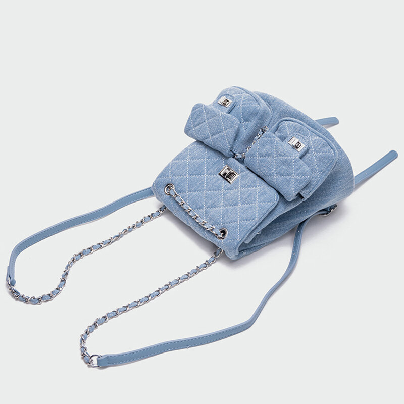 Women's bag 2023 new embroidered diamond denim backpack mini chain bucket bag ins blogger same school backpack