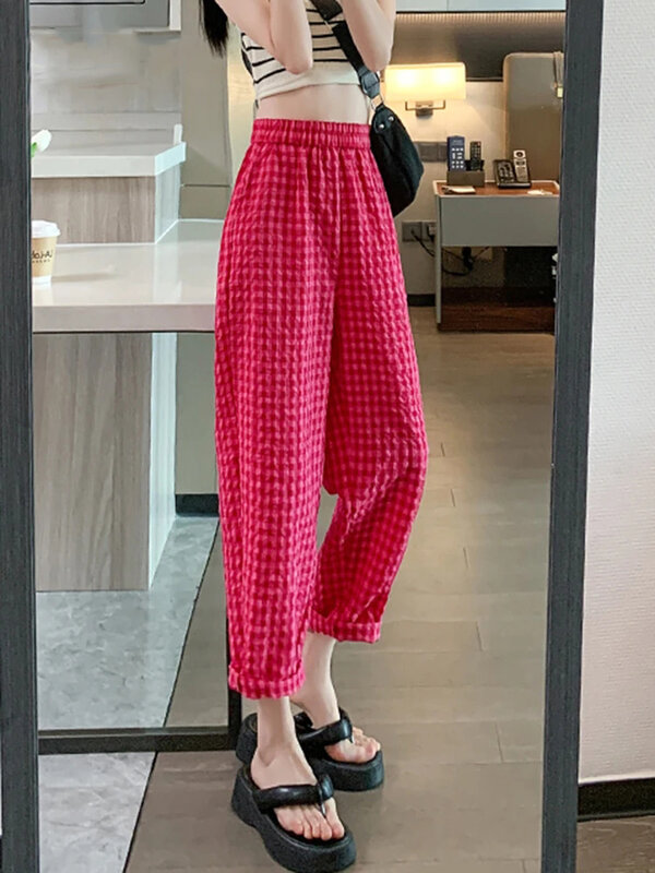 Summer Cotton Linen Loose Capri Female Women Korean Casual Street Hipster Trousers Wide Leg Red Black White Plaid Pants