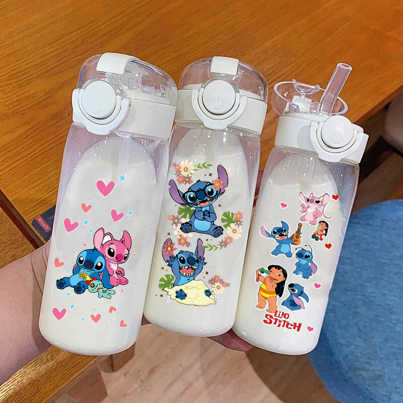 Disney-botellas de paja Lilo & Stitch para niños, Material de PC transparente, portátil, antigotas, para beber en la oficina, 600/400ML