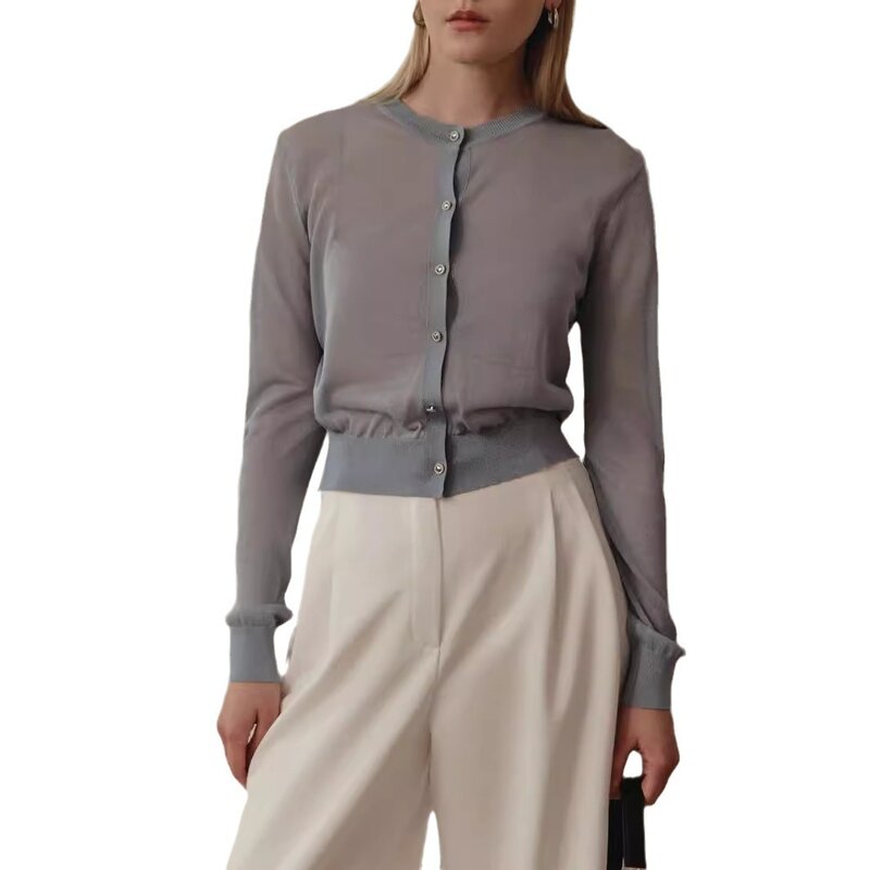 Pakaian wanita minimalis, baju wanita lengan panjang awal musim semi Slim Fit, desain ramping dan seksi dengan kardigan perspektif