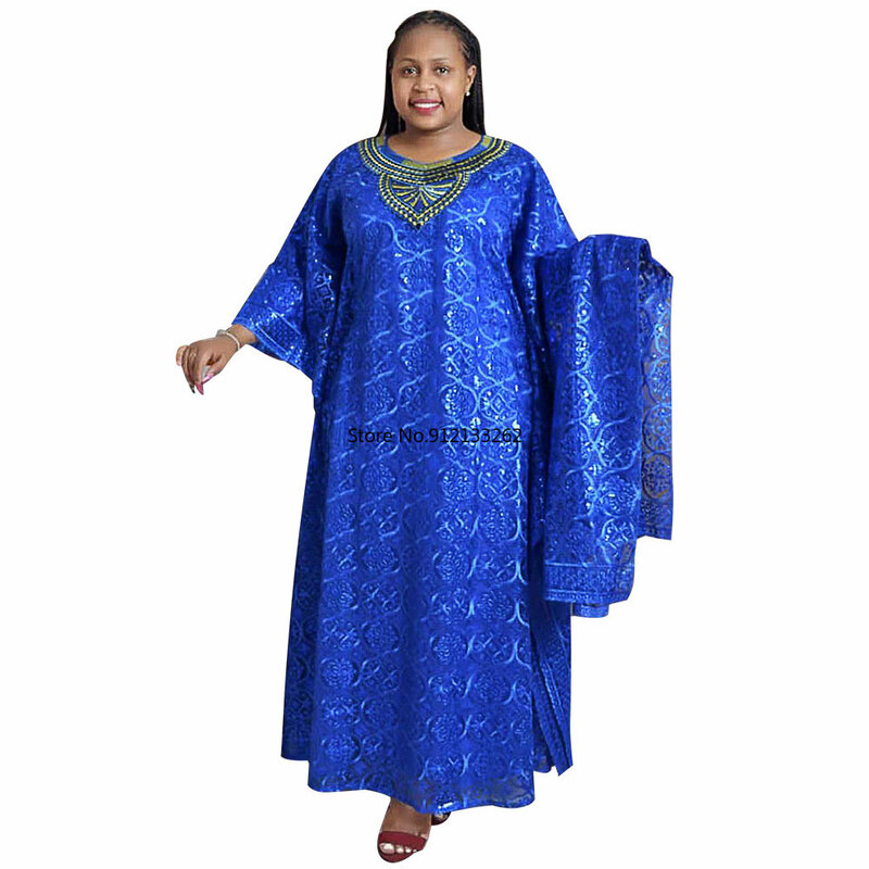 Dashiki sukienki afrykańskie dla kobiet wiosna lato afrykańskie kobiety niebieska żółta o-dekolt długa sukienka wewnętrzna i afrykańskie ubrania na głowę