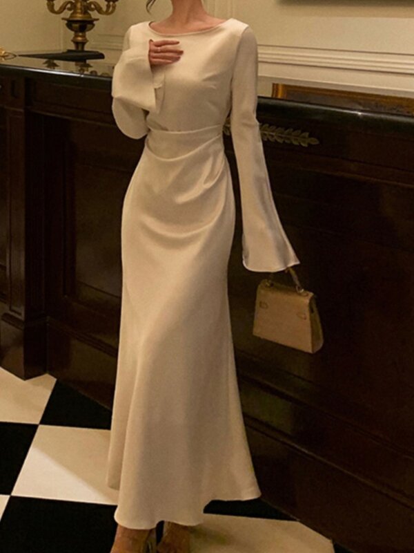 Женское однотонное платье-Русалка средней длины, элегантное приталенное платье с расширяющимся книзу рукавом, винтажное платье во французском стиле для свадьбы и вечеринки, на весну-осень