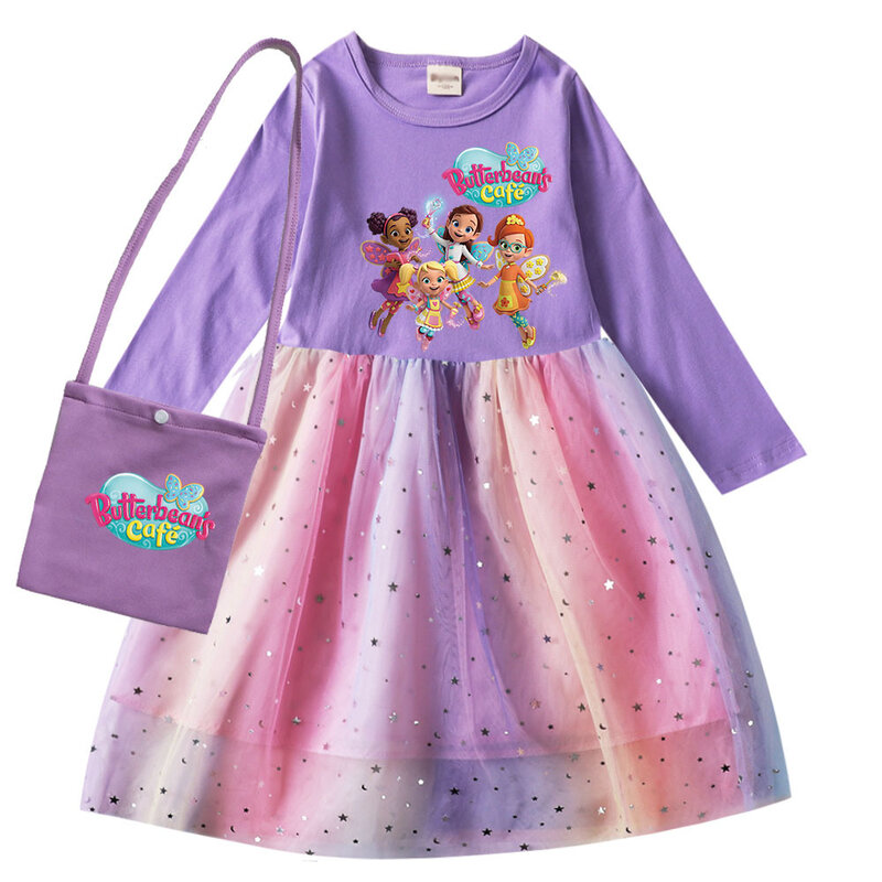 Vestido de lantejoulas de manga comprida infantil com bolsa pequena, Vestido feminino Butterfly Cafe, Festa de casamento, Presentes de aniversário