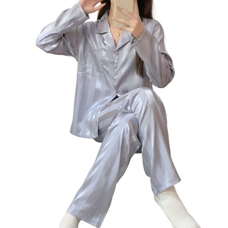 Conjunto de pijama de manga larga para mujer, ropa de dormir con botones, pierna ancha recta, Top liso de seda, pantalones de verano, 2 uds./Set
