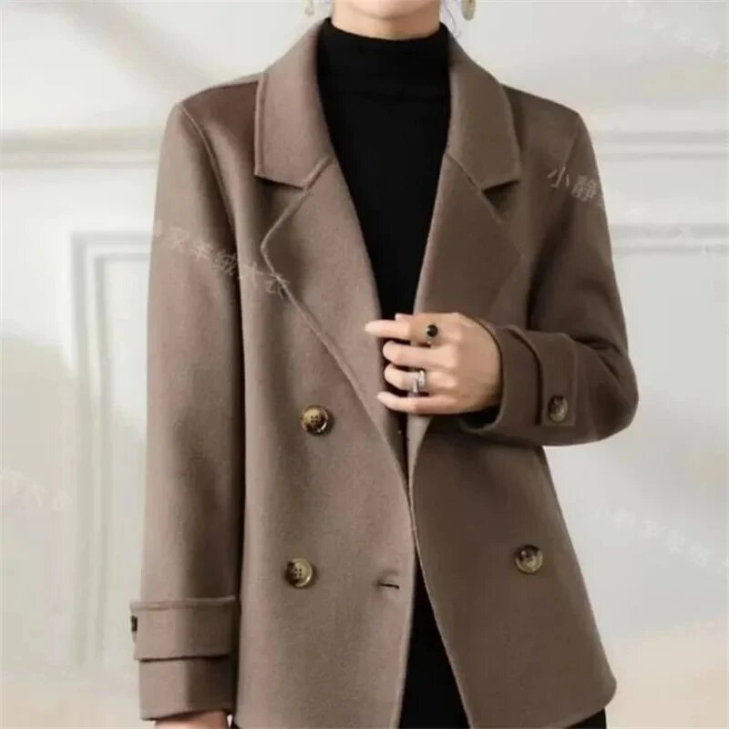 Casaco curto de lã frente e verso feminino, jaqueta de trespassado solta, overwear coreano, high-end, outono, inverno, novo, 2024