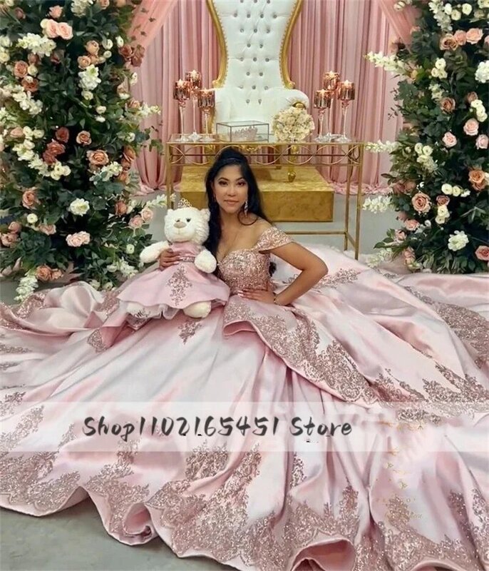 Pink Quinceanera Dresses Off The Shoulder Sequins Lace Appliques Crystals Lace-up Sweet 15 Prom Dress with bear Party Wear