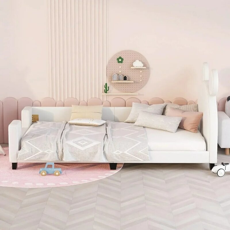 Bliźniacze tapicerowane ramy kanapa z funkcją spania dla dzieci, do sypialni w salonie, drewniane łóżko z pełnymi bokami z zagłówkiem ucha szczura