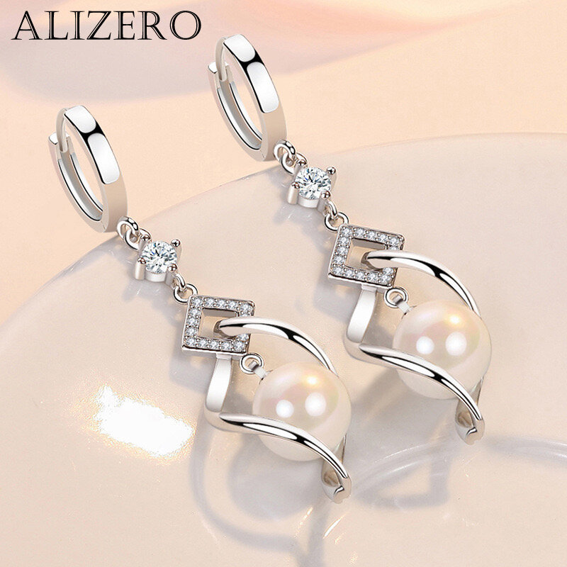 ALIZERO 여성용 지르콘 천연 진주 귀걸이, 화려한 웨딩 약혼 파티 쥬얼리, 925 스털링 실버, AAA 패션