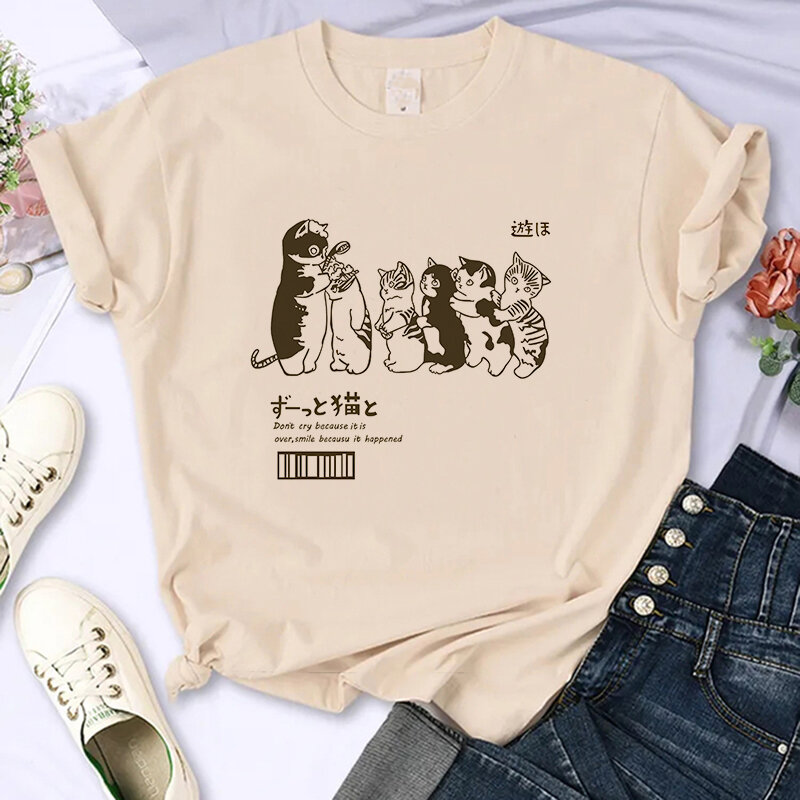 Camiseta engraçada da impressão dos desenhos animados das mulheres, camisa bonito do gato, parte superior estética, T fêmea, gráfico de Harajuku, Ulzzang, Y2K, 90s, 90s