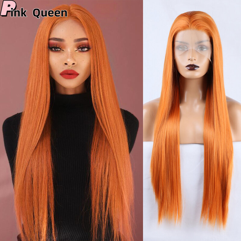 Orange 13*2.5 Synthetic Lace front Wig Glueless Lace Frontal Wigs for Women Straight Wig Heat Resistant Fiber Cosplay Wigs Party