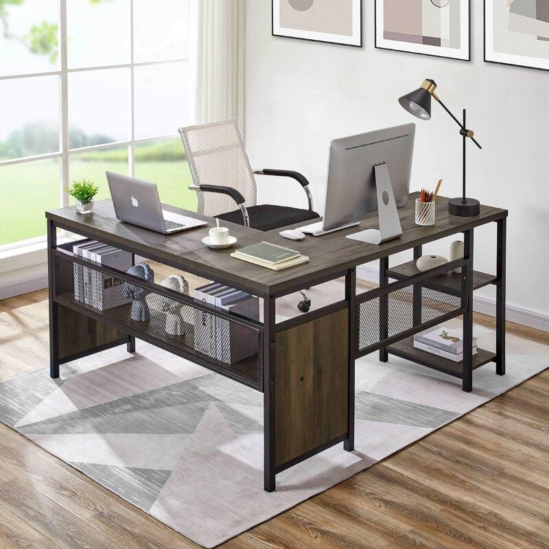 โต๊ะคอมพิวเตอร์รูปตัวแอลโต๊ะสำนักงานบ้านอุตสาหกรรมพร้อมชั้นวางโต๊ะมุมไม้แบบเรียบง่ายและโลหะ (สีน้ำตาลวอลนัท, 59นิ้ว)