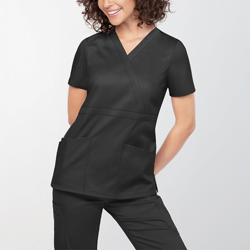 Damskie strój pielęgniarki bluzki z dekoltem w serek z krótkim rękawem letnie Plus Size damskie t-shirt dla pracowników tunika klinika 2023 nowa bluzka odzież