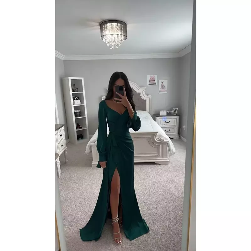 Wakuta Long Sleeve Satin Prom Dresses with Slit Elegant Maxi Ruched Formal Evening Party Corset Gowns with Train for Women 2024