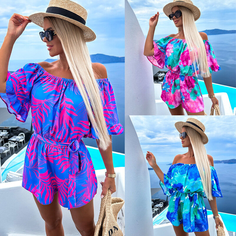 Bohemian Jumpsuit 2023 New Summer Beach Holiday Print Off Shoulder Strap Waist Wrap Casual Playsuits Women Rompers Streetwear