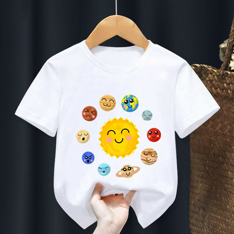 Camiseta con estampado de planetas y sistema Solar para niños y niñas, camisa divertida de dibujos animados de astronauta, Tops de verano, ropa para bebés, gran oferta