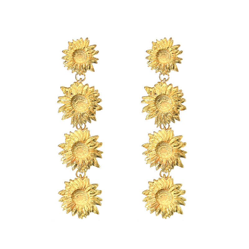 Anting-anting menjuntai panjang bunga matahari logam antik untuk wanita Retro anting-anting liontin warna perak emas berlebihan perhiasan pesta