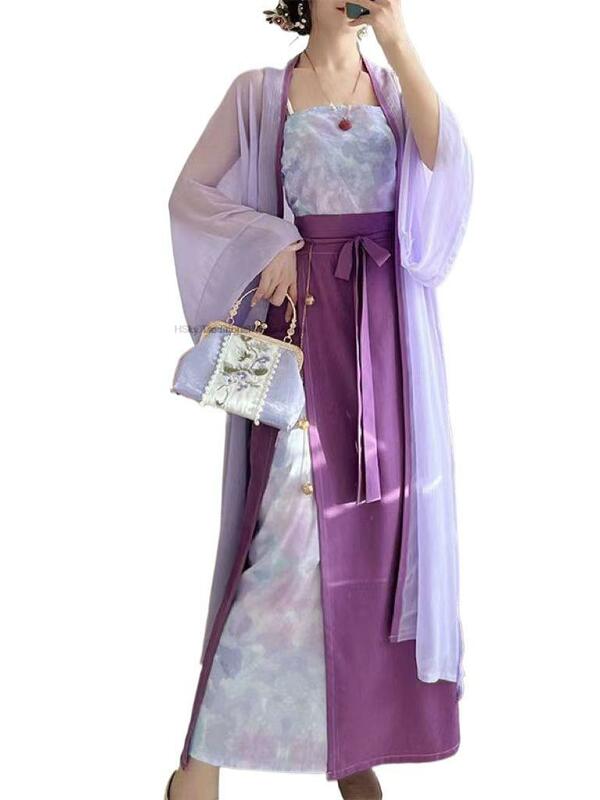 ชุดฮั่นฝูของจีนโบราณสำหรับผู้หญิงชุดนางฟ้าราชวงศ์แบบดั้งเดิมชุดฮันฟูชุดผู้หญิงสีม่วงในแต่ละวัน