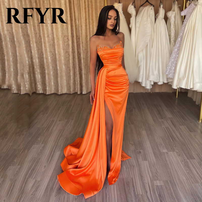 Rfyr ชุดราตรีนางเงือกสีส้มสำหรับผู้หญิงชุดงานพรอม Charming เปื้อนชุดนางเงือกเซ็กซี่ชุดเดรสปาร์ตี้กับลูกปัด vestidos de Noche