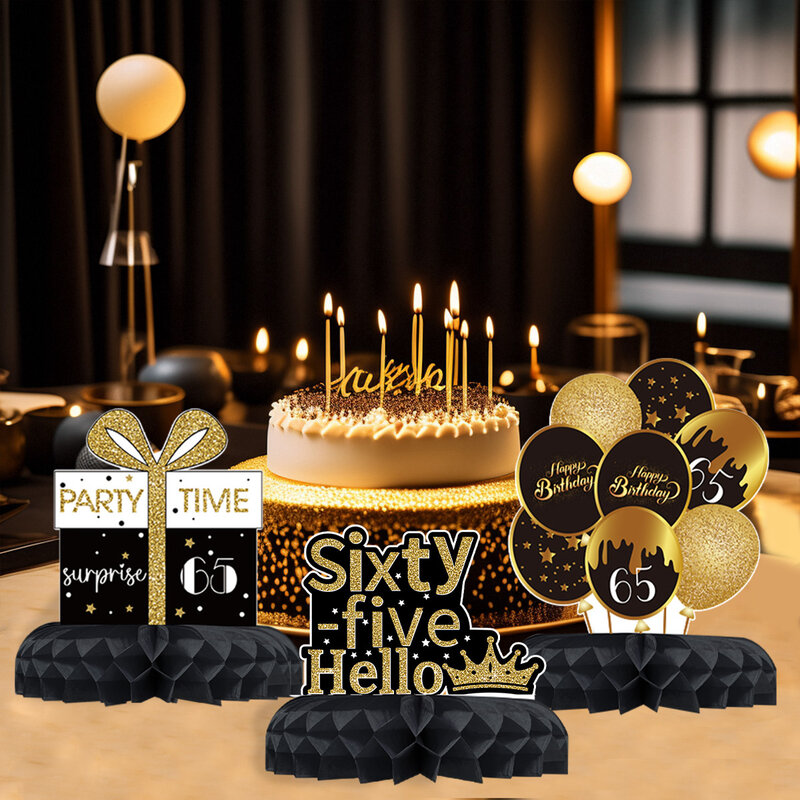 Украшения для вечеринки в честь Дня Рождения 65-го числа, черная Золотая бумажная сотовая структура, украшения для праздника на годовщину 65th