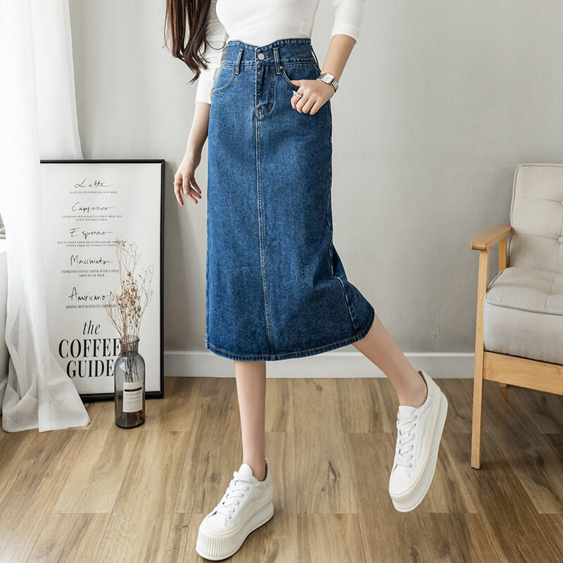 Nowa damska modna z rozciętym jeansowa spódniczka z wysokim stanem w połowie długości dżinsowa spódnica trapezowa jeansowa spódniczka