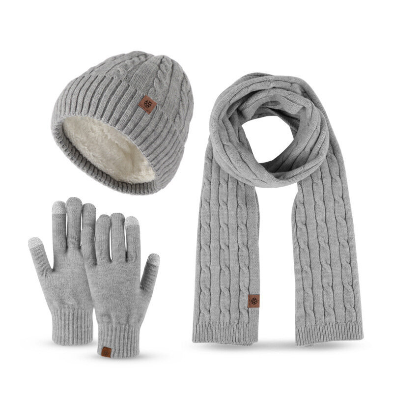 Topi Beanie sarung tangan wol hangat pria wanita, Set topi Beanie syal panjang leher layar sentuh 3 dalam 1 musim dingin