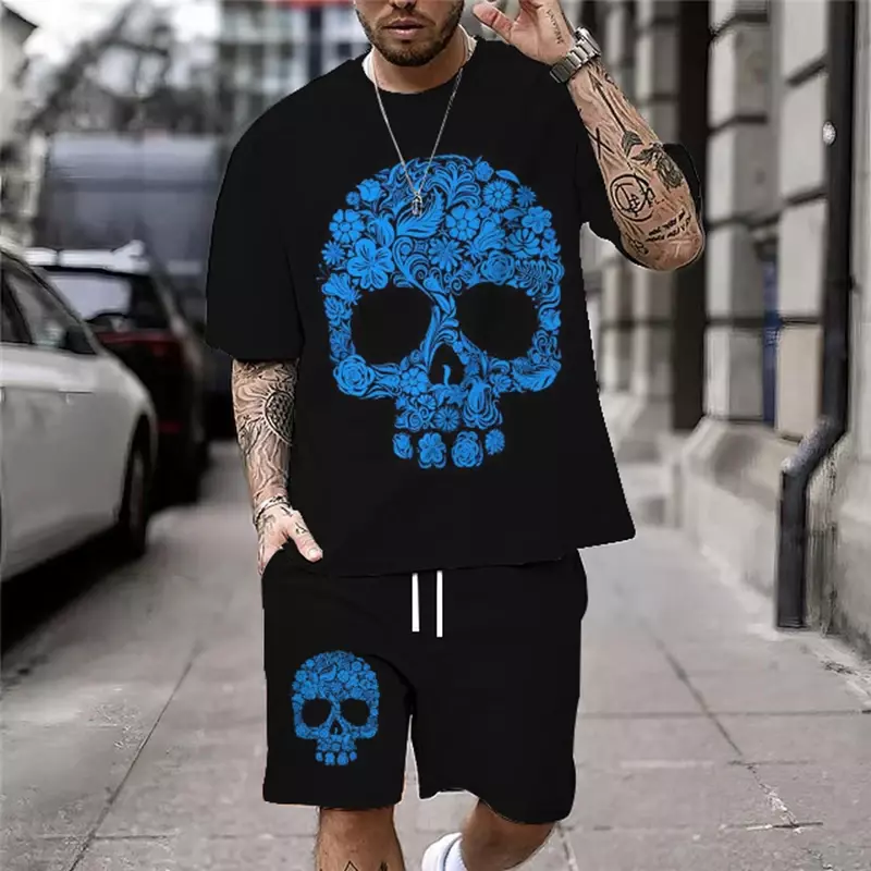 Zomer Nieuw Casual Heren Blauw Skull Print T-Shirt Set Mode Streetwear Losse Oversized Ademende Zachte Korte Mouwen En Korte Broek