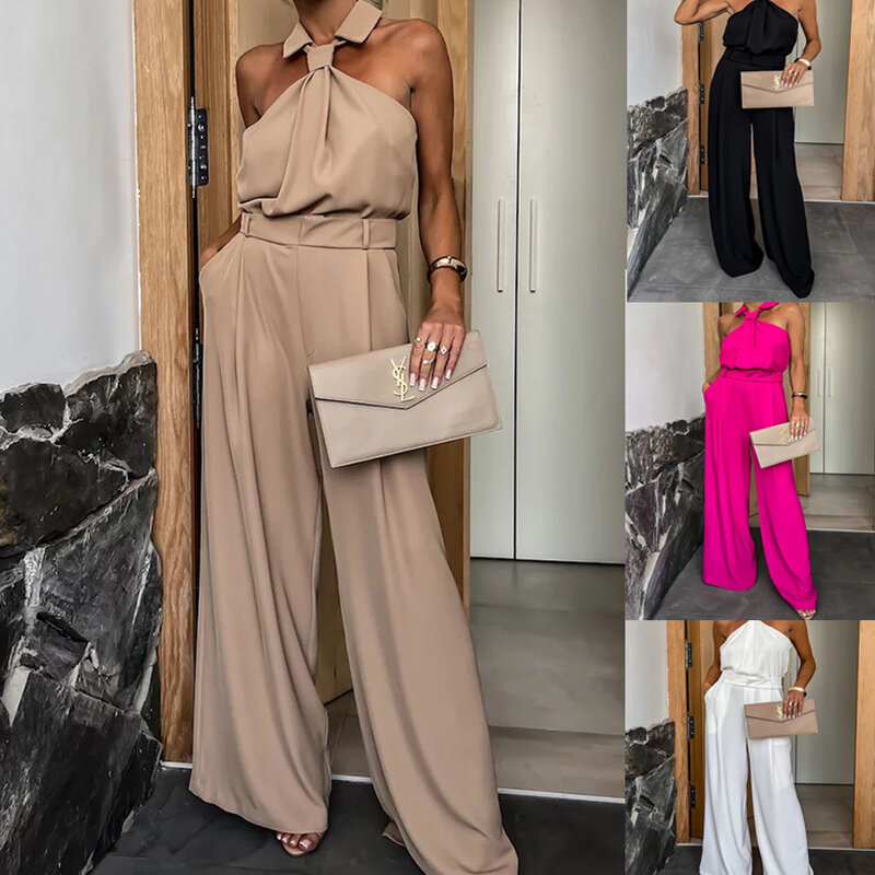 2024 Solid Halter Jumpsuit For Women  Sleeveless  Wide Leg Pants Rompers Party Evening Clothing