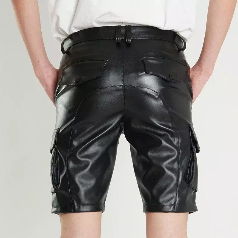 Celana pendek kargo pria, celana pendek kulit imitasi hitam Matte kasual elastis, celana kargo pendek dengan saku, celana lurus ramping, Kustom 2024