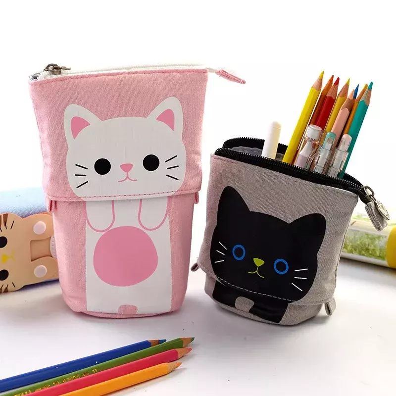 Adorável Cartoon Cat Telescopic Stand Stationery Bag, Pencil Case Pouch, Sacos Cosméticos, Saco de armazenamento para meninos e meninas, Presentes, 2024