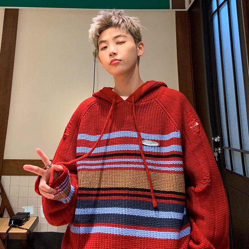2024 Spring Autumn Hit Color Striped Men Long Sleeve Hooded Knitted Sweater Japanese Streetwear Fashion Oversized Hole Pullovers