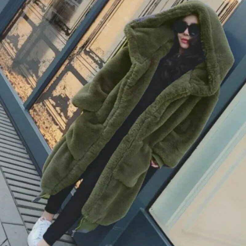 Abrigo holgado de piel sintética para mujer, Chaqueta larga y cálida con capucha, ropa de invierno