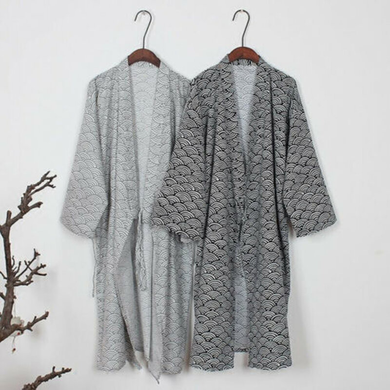 Herren japanischen Stil klassischen Bademantel Kimono Yukata Langarm Wave Print Nachtwäsche Baumwolle bequeme Nachtwäsche Robe Pyjama