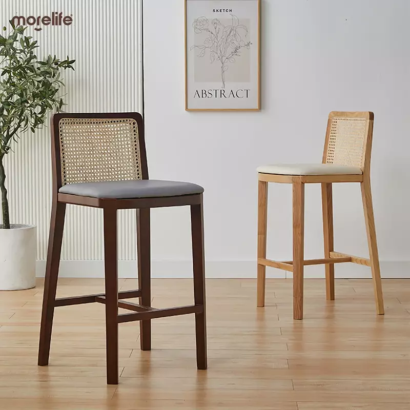Massivholz Rattan gewebte Bar stühle moderne minimalist ische Rezeption Empfang hohe Hocker nordische kreative Theken hocker Möbel
