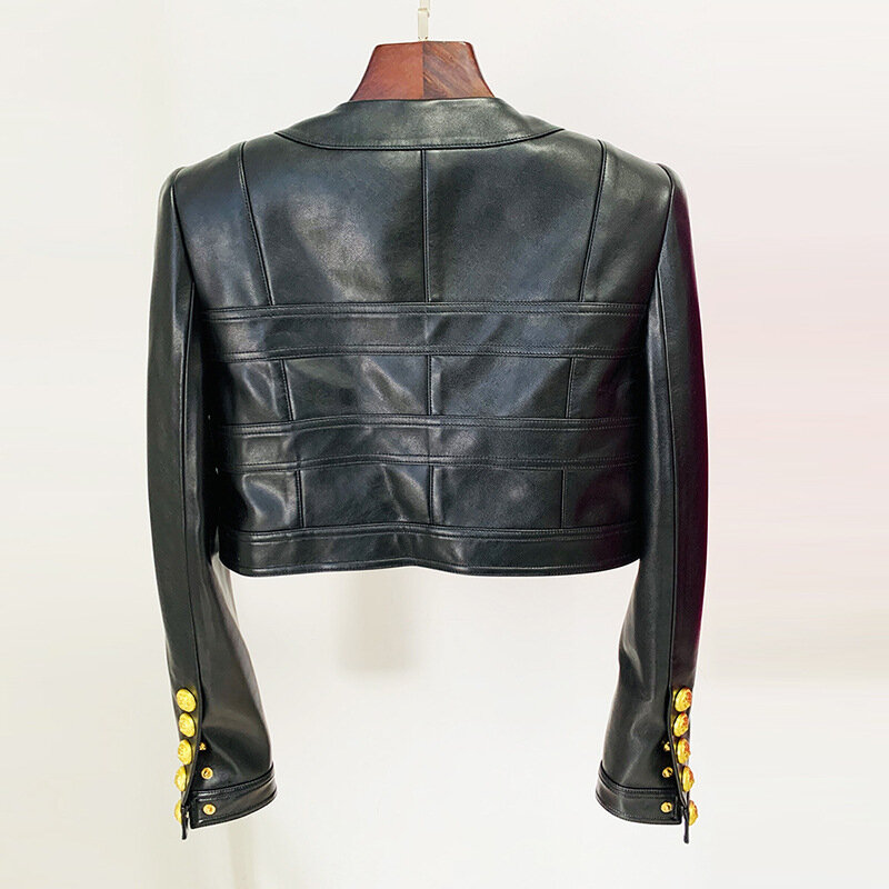 라운드 넥 사자 패스너 장식 크롭 가죽 코트, 여성 가죽 재킷, 유럽 및 미국 패션, 2023 가을 신상