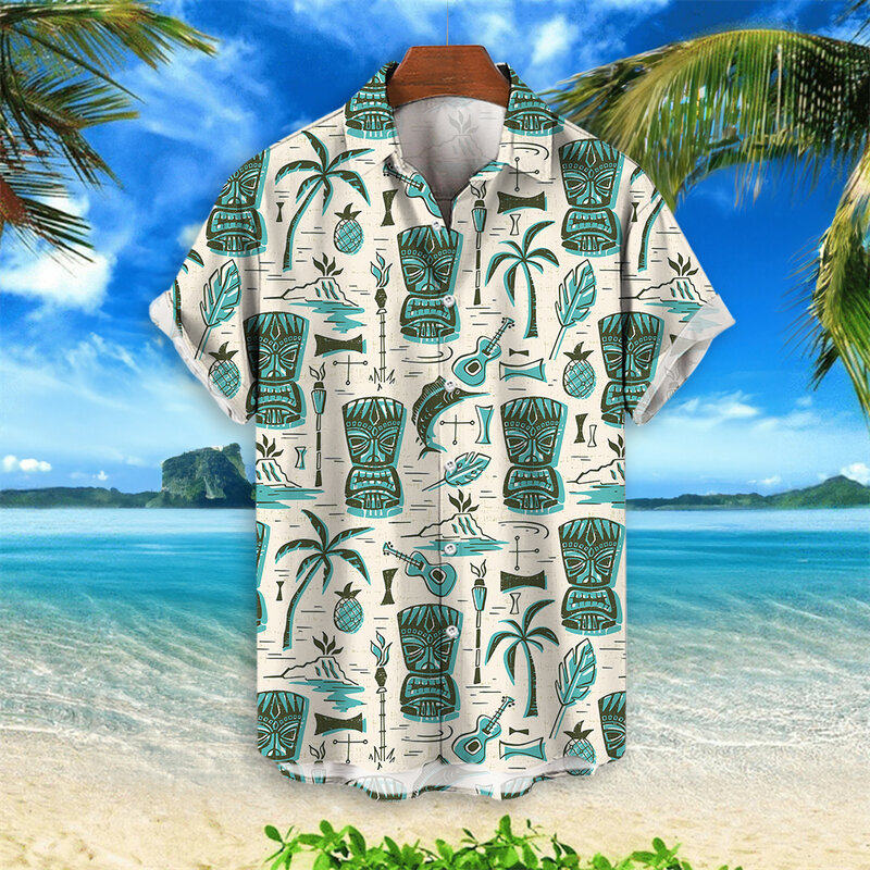 3d Tiki Print Hawaiian Shirts For Men Retro Men's Shirt Loose Casual Male Clothing 2024 New Fashion Trend Man Short Sleeve Shirt
