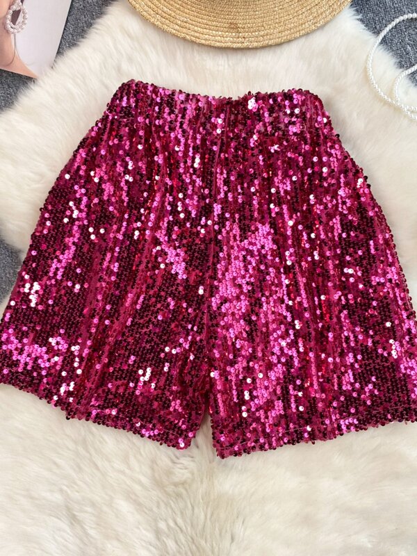 Sequined Shiny High Waist Shorts Women's 2024 Summer Hot Pants Feminine Socialite Fashion All-Matching Solid Color Shorts
