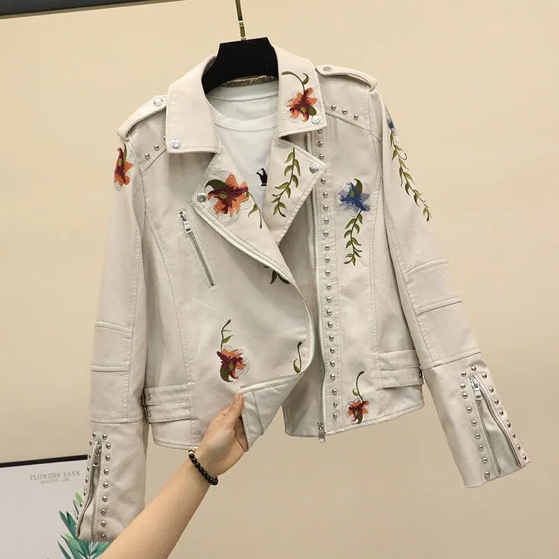 2024 Spring New Korean Slim Jacket Womens Fashion Versatile Rivet Outerwear Embroidery Washed Long Sleeve Short PU Leather Coat