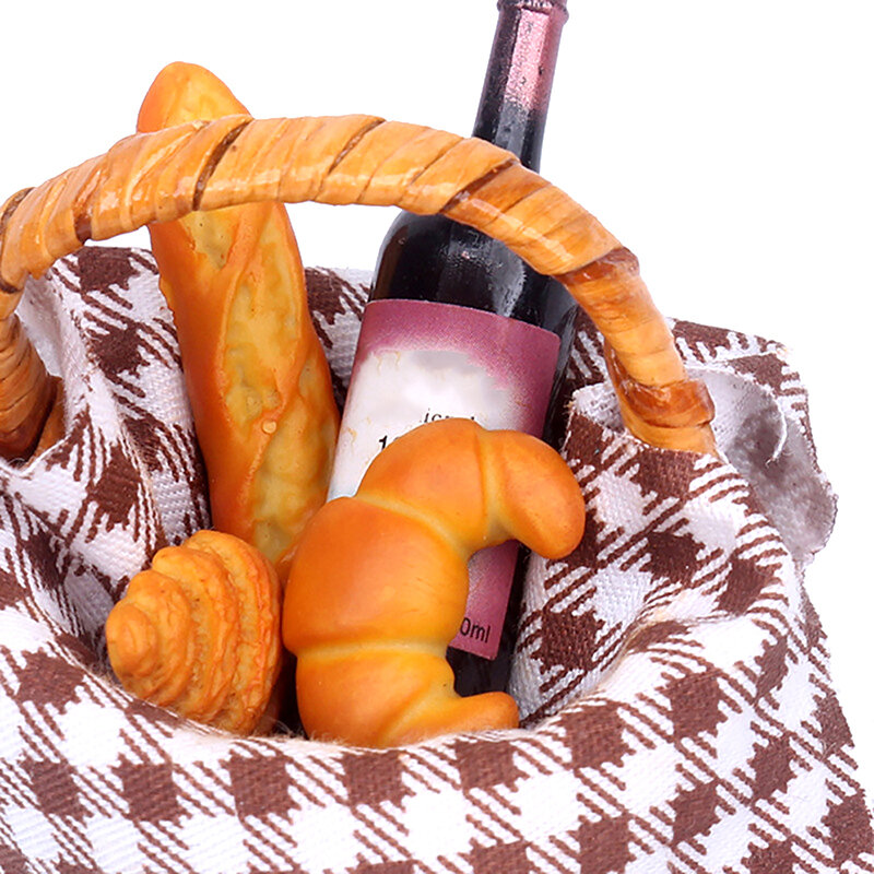 Juego de cesta de Picnic para casa de muñecas, cesta de pan en miniatura, cesta de Picnic de tela, modelo de cocina, decoración, juguete, accesorios para casa de muñecas