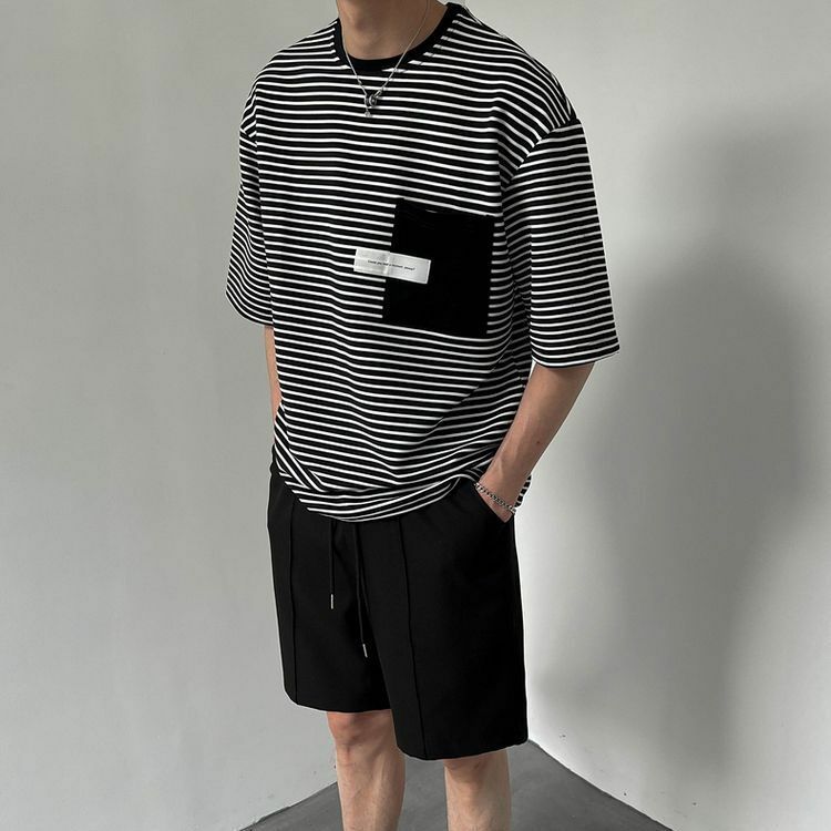 Полосатая футболка с коротким рукавом для мужчин, Корейская летняя Свободная Повседневная футболка y2k с круглым вырезом и спущенными плечами, новая футболка с рукавом до локтя