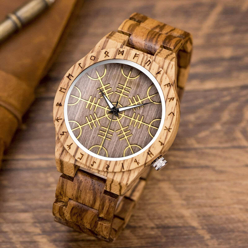 Orologio da uomo in legno fatto a mano orologi a cerchio Runic unici simbolo dorato di orologi orologio da polso al quarzo leggero alla moda, bracciale