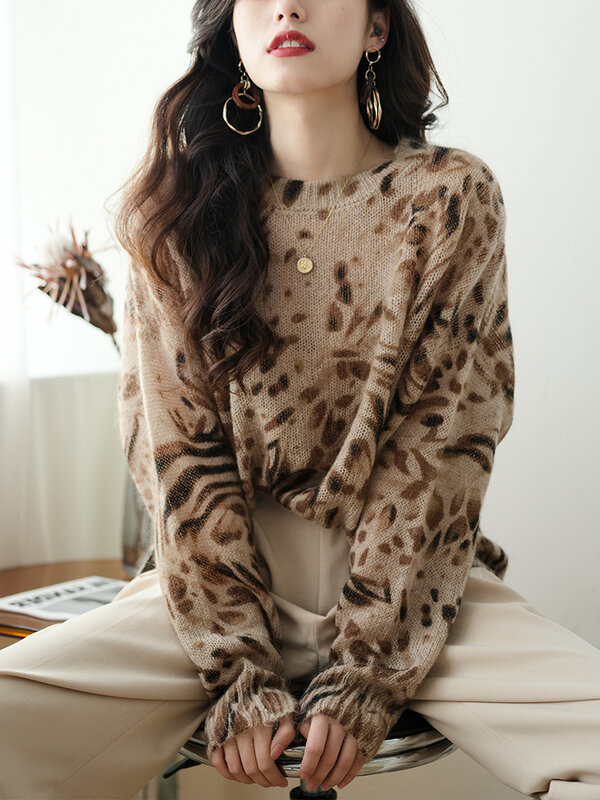 Женский свитер с леопардовым принтом, Свободный Топ с длинным рукавом и круглым вырезом в стиле ретро на осень и зиму