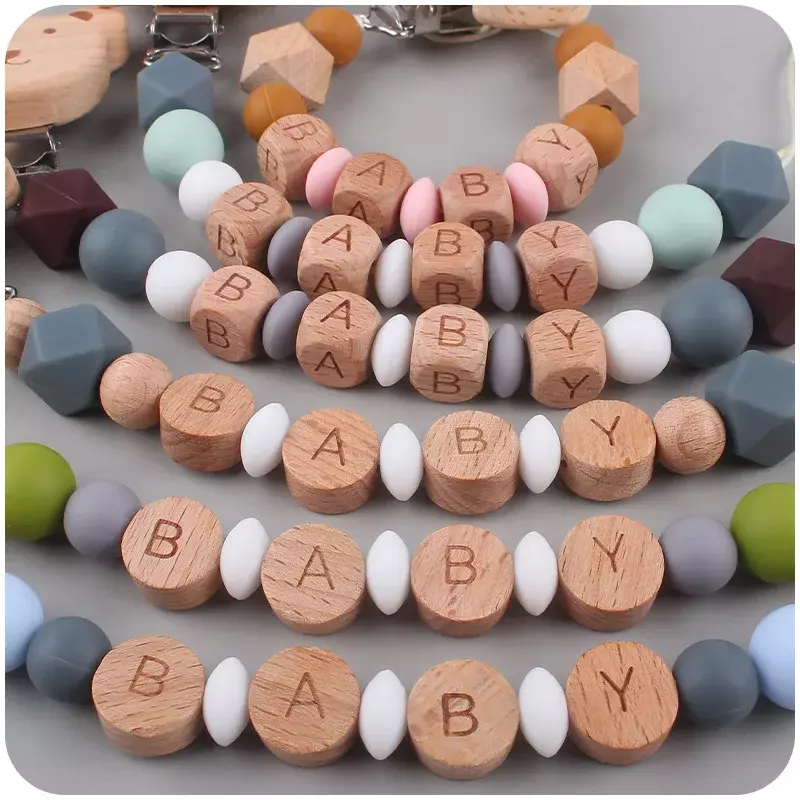 Clips de sucette en silicone avec nom personnalisé pour bébé, anneau de dentition en hêtre, clip de support pour nouveau-né, jouets de dentition, DIY