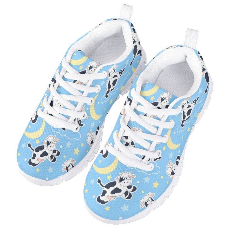 Cute Sleeping Cow Cartoon Design Kids Flat Shoes Comfortable Lace Up Mesh Sneakers For Children Unisex Casual Zapatillas