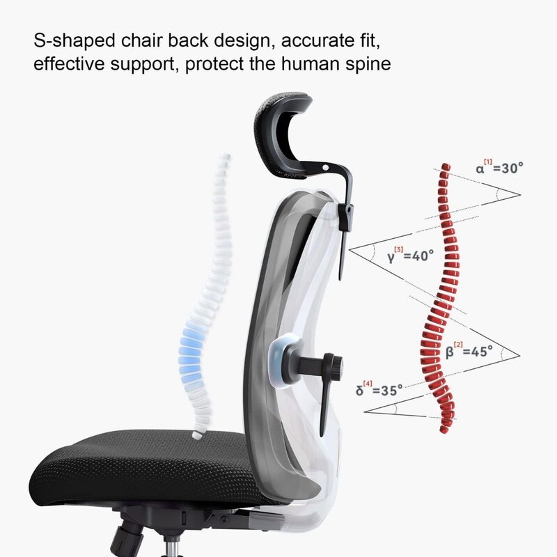 SIHOO M18 인체 공학적 사무실 의자, 크고 큰 사람용 조절 가능한 머리 받침대, 2D 팔걸이 요추 지지대 및 PU 바퀴 회전