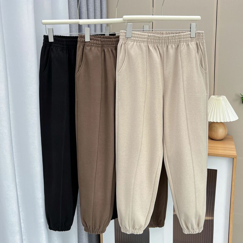 2023 Autumn Winter 100kg Elastic Waist Drawstring Tweed Pants Plus Size Women's Casual Woolen Ankle Length Trousers