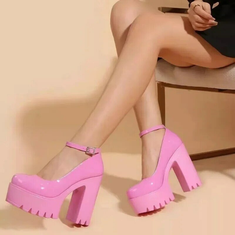 Sepatu Platform hak tinggi wanita Hak kotak Platform manis pompa tali pergelangan kaki Chunky merah muda sepatu Platform Musim Semi 2024