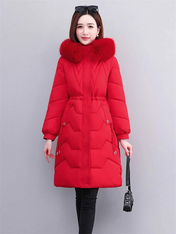 Casaco de algodão fino de comprimento médio feminino com capuz de pele, sobretudo espesso quente, moda coreana, popular, inverno, Z2905, 2023