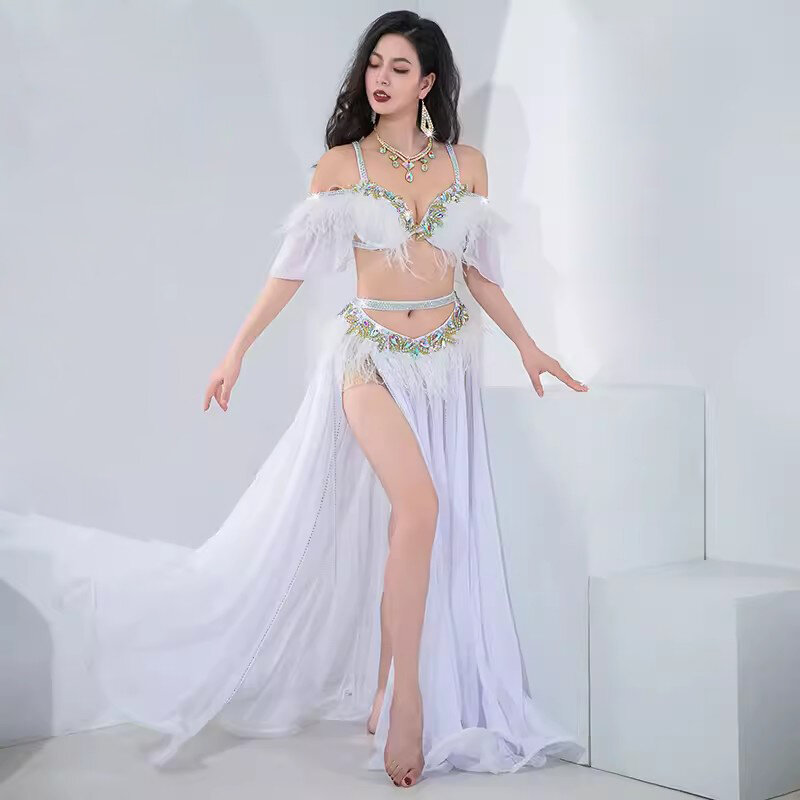 Women Egyptian Belly Dance Group Competition Clothes Popsong Fairy Plume Costume Oriental Dance Bra Long Chiffon Skirt Elegant
