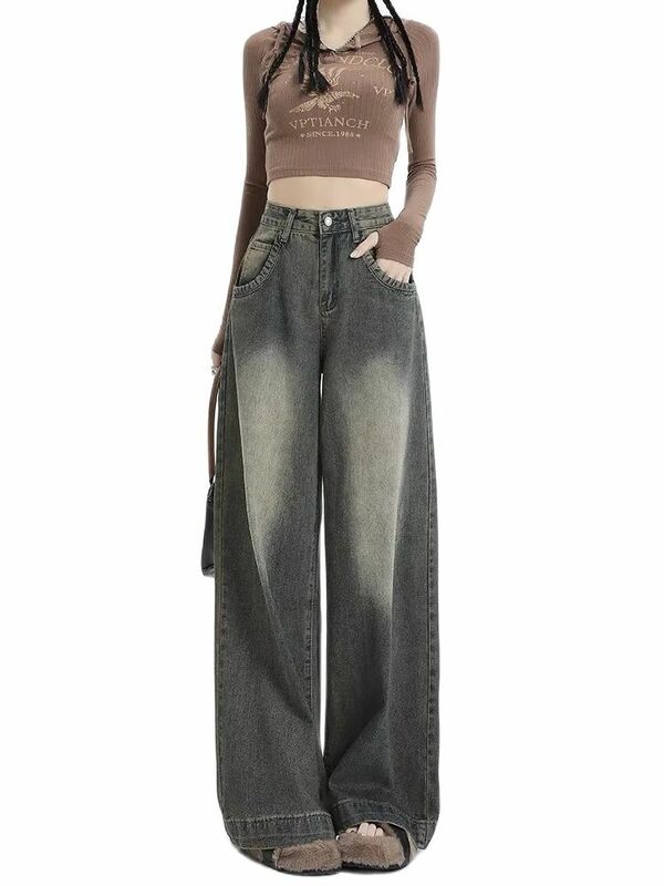 Celana jins wanita, Jeans longgar gaya Korea, celana jins Vintage Harajuku 2000s pakaian jalanan 2024